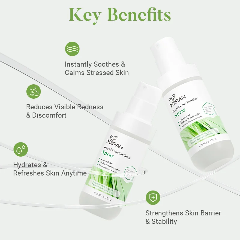 XIRAN Rapid Calm Soothing Spray with benefits such as soothing skin, reducing redness, hydrating, and strengthening skin barrier.